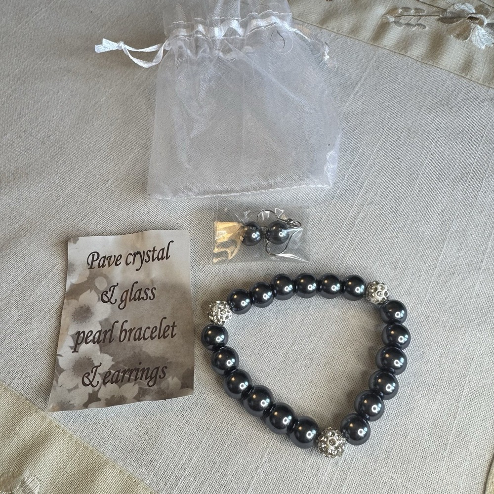 Pave and Crystal Pearl Bead Bracelet and Earring Set NEW